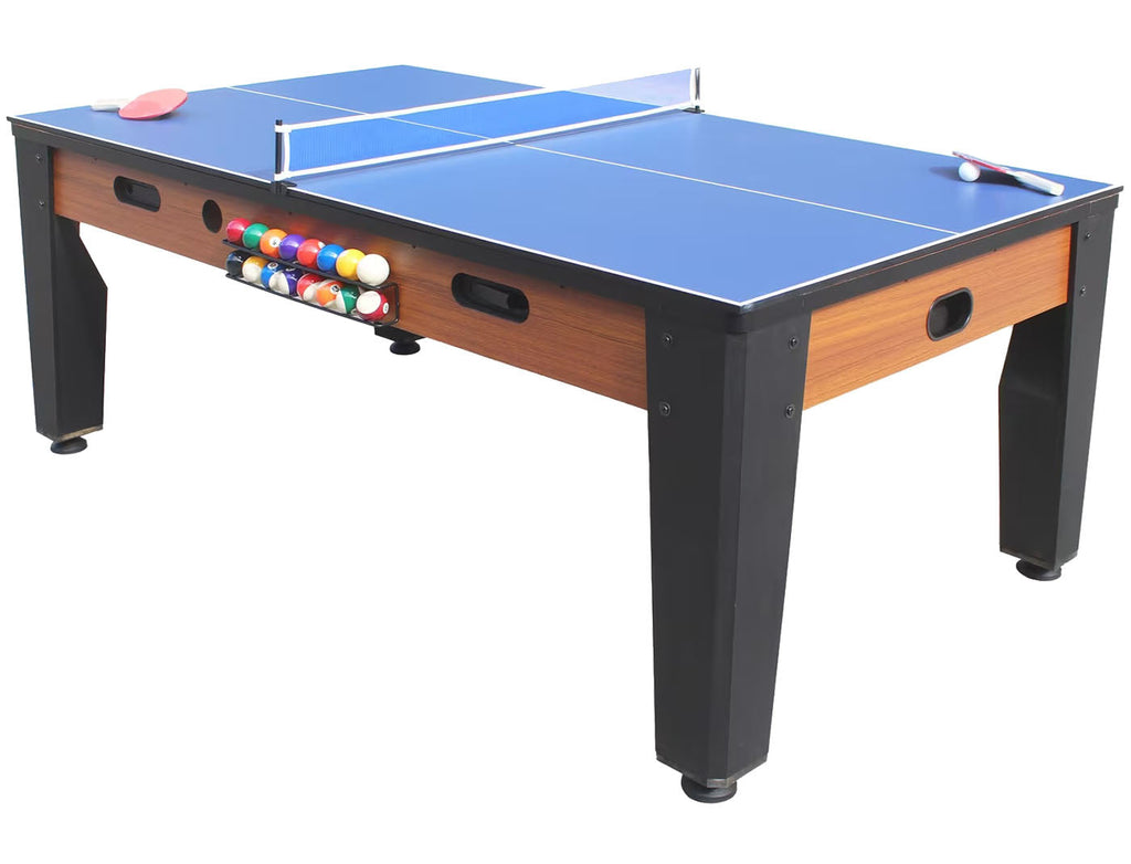 Table multi jeux bois foncé rotative 7FT billard - hockey - Ping-pong